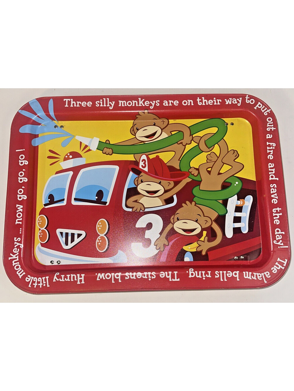 Vtg Retro Metal Decor TV Tray Three Silly Monkeys Red Fire Engine w Rhyme Server